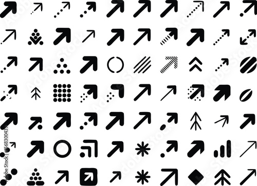 Collection of various minimalist black and white arrow symbols pointing to the upper right