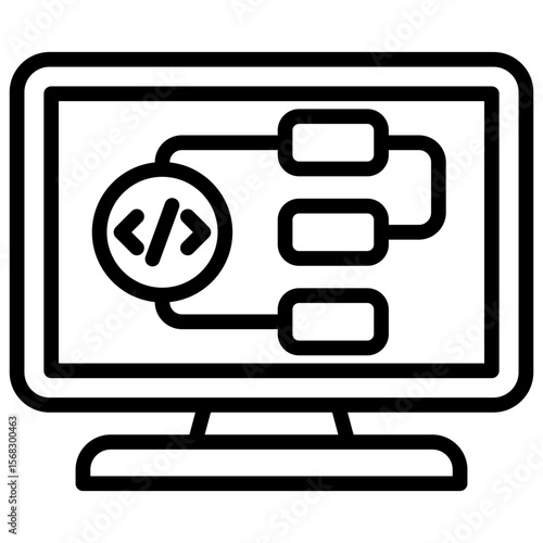 Visual Flow Outline Icon Vector Design - computer monitor displaying a logic or flowchart block with code, used for planning software logic