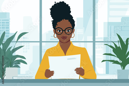 African woman with Senegalese twists reviewing documents at a desk in a glass-walled office, CEO or founder theme vector illustration