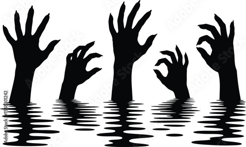 Spooky black silhouette zombie hands emerging from water for halloween decorations