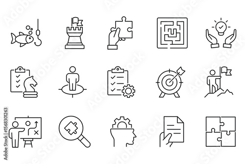 Business strategy web icons. Successful business development, plan and process symbol. Action List, research, solution, team, marketing, business process, management. Vector illustration.