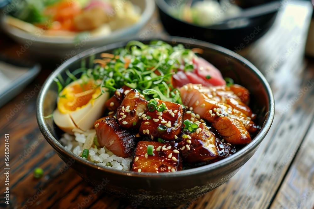 Delicious teriyaki salmon donburi garnished with sesame seeds and spring onions being served in a bowl Delicious teriyaki salmon donburi garnished with sesame seeds and spring onions being served in a bowl