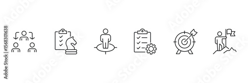 Business strategy web icons. Successful business development, plan and process symbol. Action List, research, solution, team, marketing, business process, management. Vector illustration.