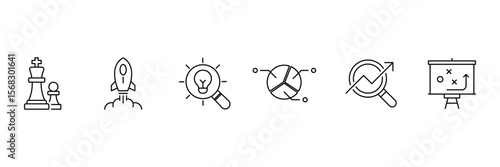Business strategy web icons. Successful business development, plan and process symbol. Action List, research, solution, team, marketing, business process, management. Vector illustration.