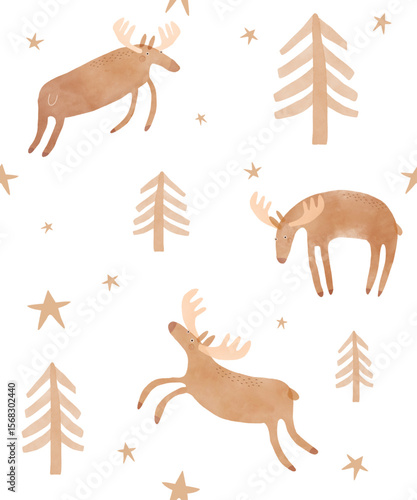 Seamless Vector Pattern With Cute Moos. Infantile Style Hand Drawn Endless Print with Moose, Stars And Trees on a White Background.Wallpaper Woodland Animal Jumping And Running In The Forest. 