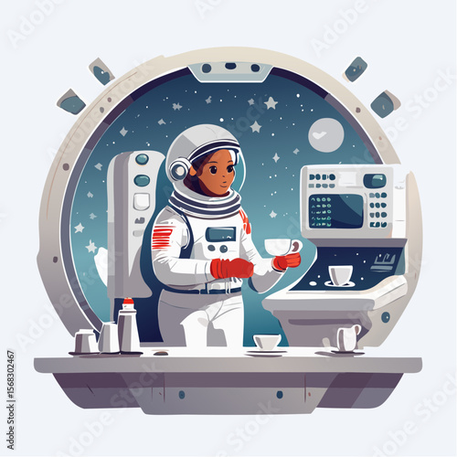 In a quiet moment aboard a futuristic space station, an astronaut prepares coffee, combining routine comfort with high-tech surroundings and minimal, sleek design