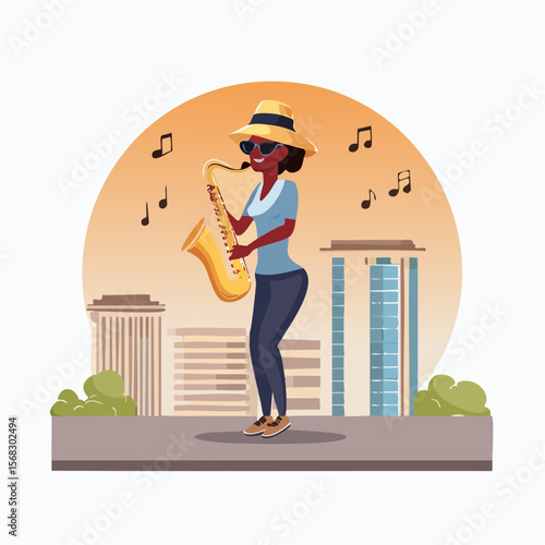 A street saxophonist plays soulful music at sunset on a city corner, wearing a hat and coat, creating an urban vibe filled with rhythm, solitude, and artistic soul