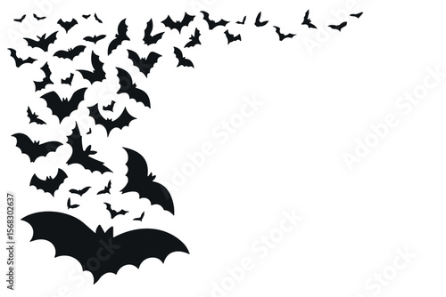Silhouette of flying bats forming corner pattern, black on white vector illustration, concept for International Bat Night