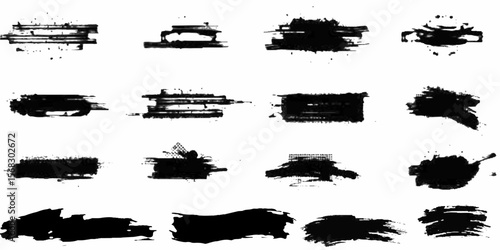 Calligraphy ink strokes set, expressive and dynamic, textured brush edges in black on white Grunge Brush Stroke Overlay Set on Transparent Background