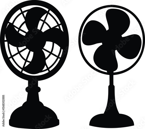 Silhouette Vector of Two Vintage Electric Table Fans with Protective Grills