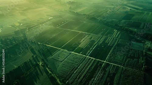 Aerial view of vast farmland with green crops divided into neat plots, symbolizing land leasing contracts and sustainable agriculture. Agricultural business concept
