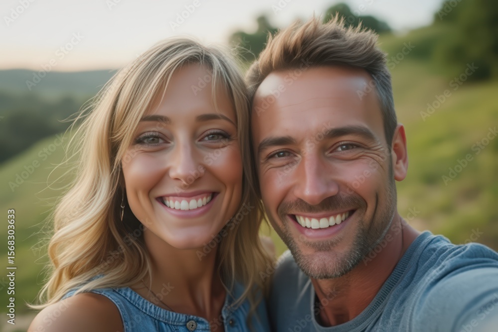 Fototapeta premium Happy man taking selfie with woman outdoors