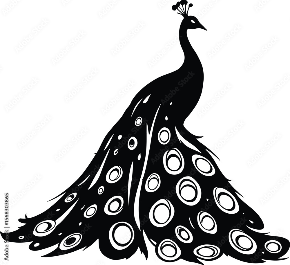 Fototapeta premium Black silhouette of elegant peacock with fully fanned tail feathers featuring circular patterns in artistic decorative style on white background