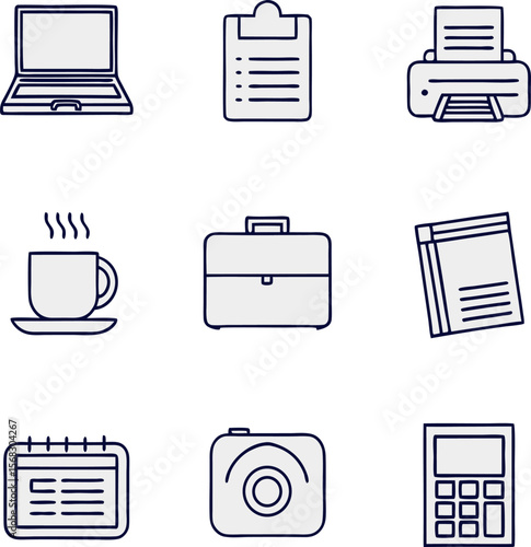 Collection of office and business icons isolated on transparent background