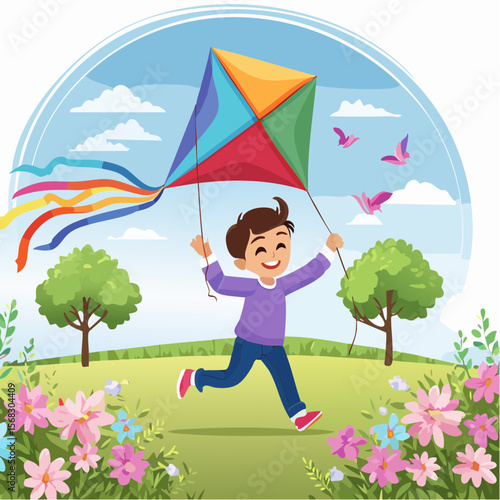 A joyful boy runs freely with a vibrant kite through a blooming spring field, embracing nature, movement, and the spirit of adventure in a bright outdoor setting