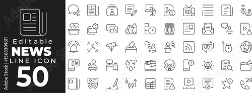 Editable stroke icon collection representing news, media, and journalism. Includes newspaper, microphone, satellite, news anchor, breaking news, TV camera, broadcast tower, press badge, and headlines 