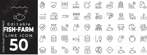 Editable stroke icon collection representing aquaculture and fish farming. Includes fish tanks, nets, water quality, fish species, feeding equipment, harvesting tools, pond, and hatchery icons.
