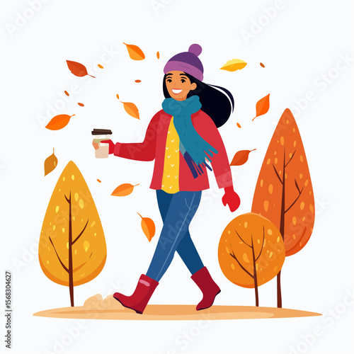 A young girl wanders peacefully through a leafy autumn park as vibrant leaves fall around her, symbolizing change, discovery, and seasonal outdoor wonder