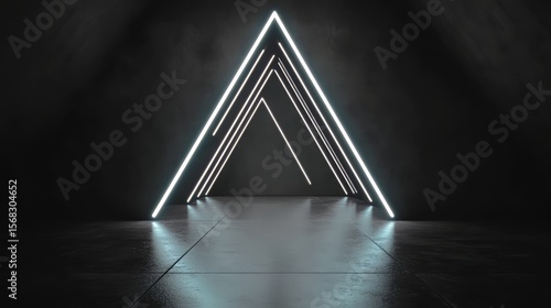 Fototapeta Naklejka Na Ścianę i Meble -  Dark room with a large, triangular opening. The room is lit with neon lights, creating a futuristic and mysterious atmosphere