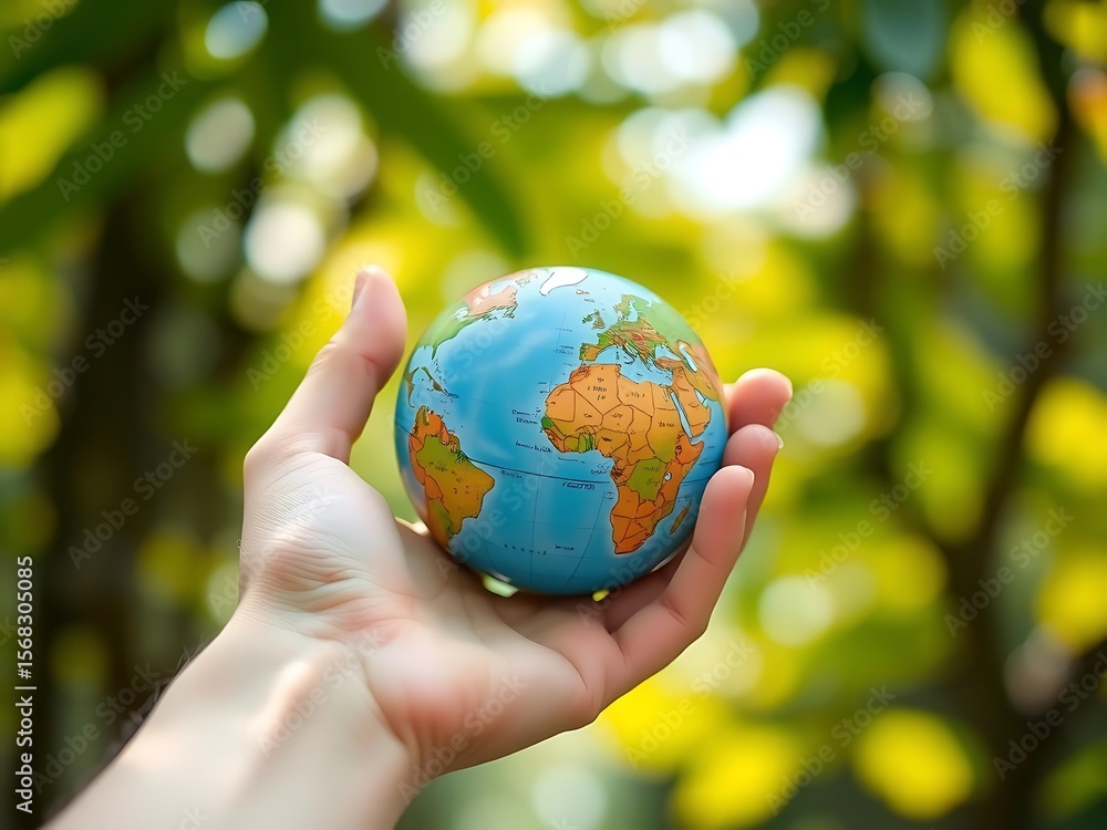 Hand Holding Small Globe Against Green Nature Background Hand Holding Small Globe Against Green Nature Background