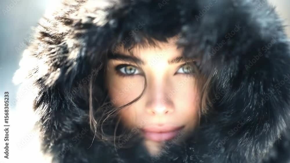 A beautiful young woman with green eyes wearing a black fur hood looks into the camera as it snows. A beautiful young woman with green eyes wearing a black fur hood looks into the camera as it snows.