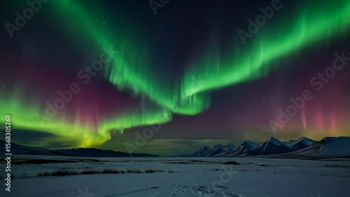 Wallpaper Mural Stunning time-lapse of the aurora borealis dancing above snow-covered mountains and a frozen river under a starry sky in the Arctic wilderness. 4K Torontodigital.ca