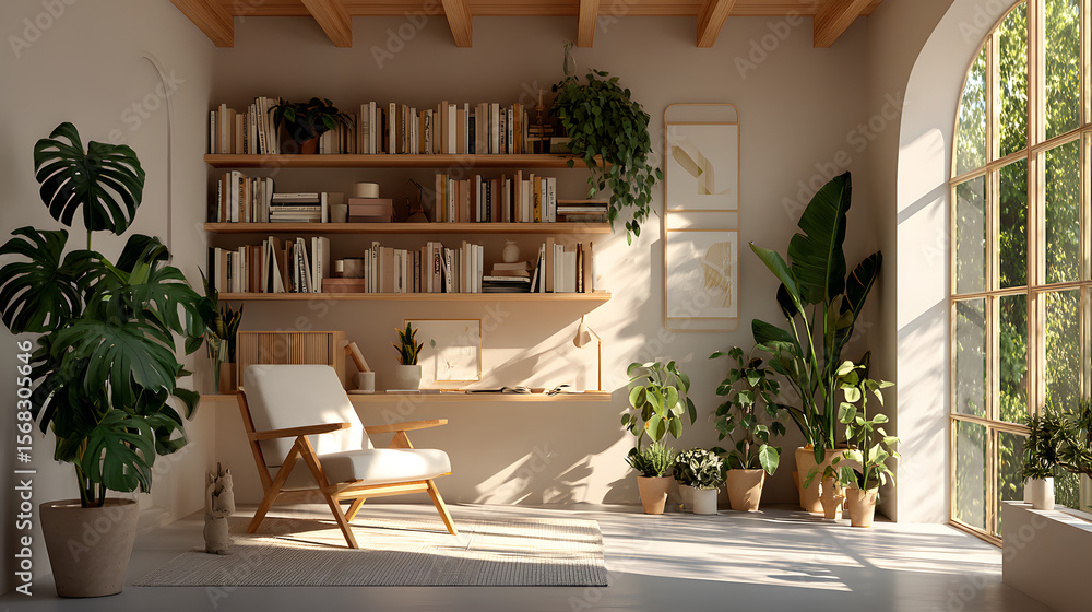 Fototapeta premium A zoom background photo of a minimalist modern office with a bookshelf and plants