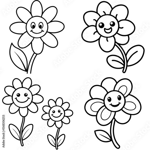 Happy Flowers Coloring Page – Cute Smiling Flower Line Art Illustration for Kids