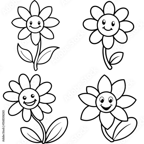 Happy Flowers Coloring Page – Cute Smiling Flower Line Art Illustration for Kids