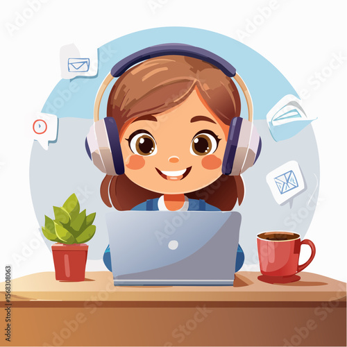 A focused child works on a laptop at home, headphones on and coffee nearby, capturing the vibe of early digital fluency and future-ready freelance skills