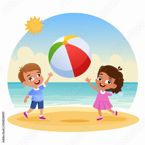 Two smiling kids toss a colorful beach ball under the summer sun on warm sand�capturing active play, joy, and the essence of childhood summer adventure