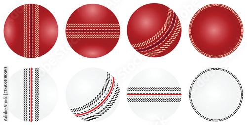 Cricket Balls Realistic Red and White with Seam Stitching Design.