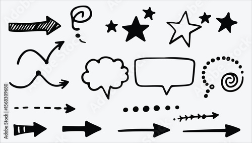 Hand-drawn Doodle Arrows, Stars, Speech Bubbles Vector Illustration Set