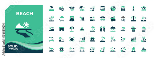 Beach colorful solid icon set. Pictograms of river, seaside, summer, sun, sea, vacation and more. Filled icons pack. Beach vector solid icon set. Editable vector illustration.