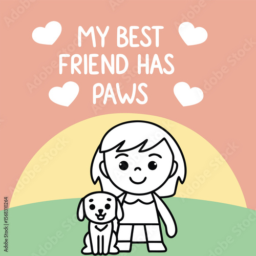Adorable Girl and Her Puppy Best Friend Illustration with Heart Design