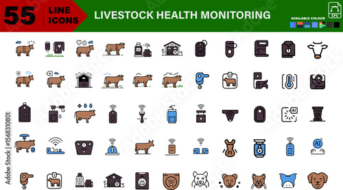 Livestock Health Monitoring Icons – Wearable Tracker, AI Alert, Herd Tracking