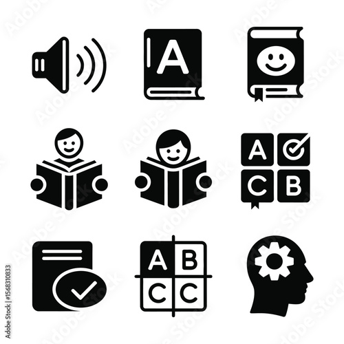 Literacy skills icon collection with solid filled style featuring phonics vocabulary storytelling reading and word

