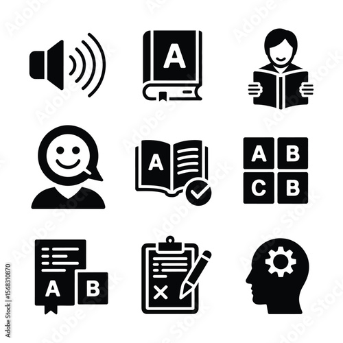 Literacy skills icon collection with solid filled style featuring phonics vocabulary storytelling reading and word

