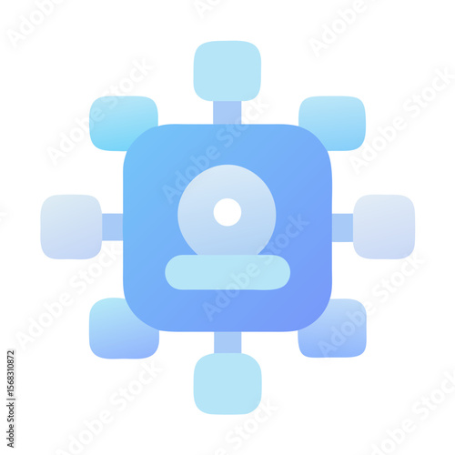 Vector art of stylized network icon with a central element connected to surrounding nodes on a gradient background isolated on transparent background