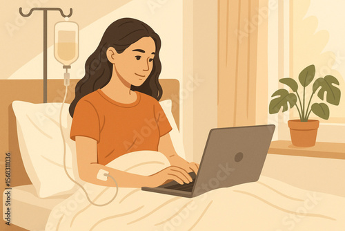 Illustration of Young Woman with IV Line Relaxing in Bed Working on Laptop in Bright Cozy Bedroom