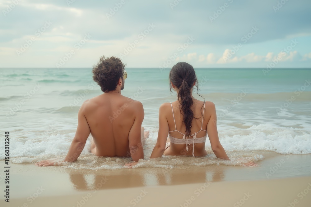 Fototapeta premium Young couple relax on beach, water washes over their feet
