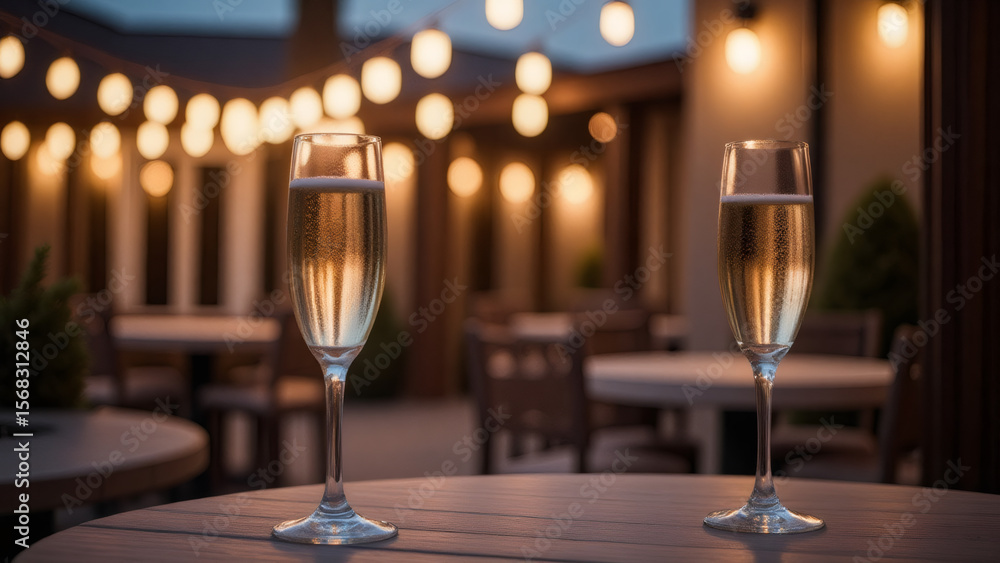 Champagne Flutes on Table at Night Outdoor Restaurant with Blurred Bokeh Lights Champagne Flutes on Table at Night Outdoor Restaurant with Blurred Bokeh Lights