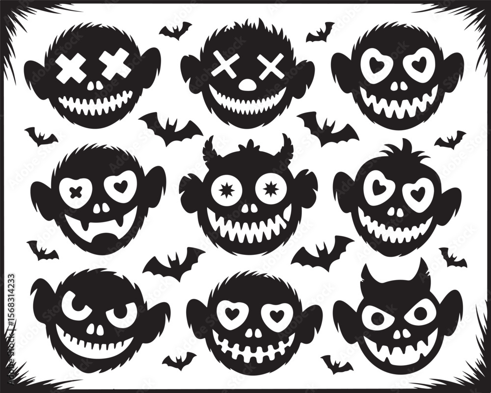 Obraz premium Creepy Halloween Monster Faces Vector Set