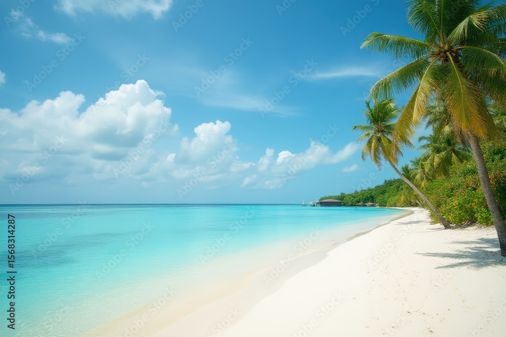 Fototapeta premium Maldives island beach. Tropical landscape of summer scenery, white sand with palm trees. Luxury travel vacation destination. Exotic beach landscape.