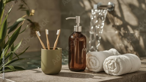 Natural bathroom set with bamboo toothbrushes, dispenser, tube and towels near outdoor stone shower