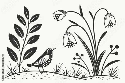 retro folk art, scandinavian minimalist floral pattern, black and white botanical illustrations, mid century modern abstract natural designs