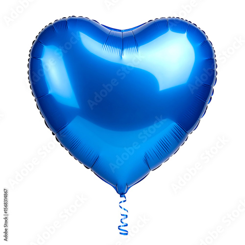 Reflective Blue Heart Balloon with Curved String on Transparent Background in 3D Render