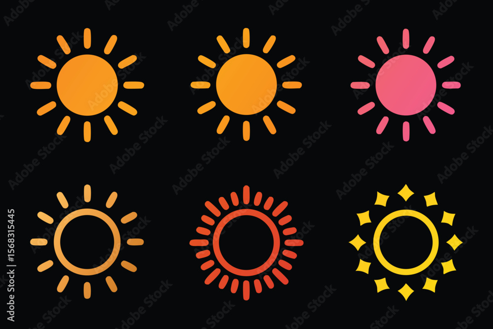 Fototapeta premium Six Colorful Sun Icons Set on Black Background