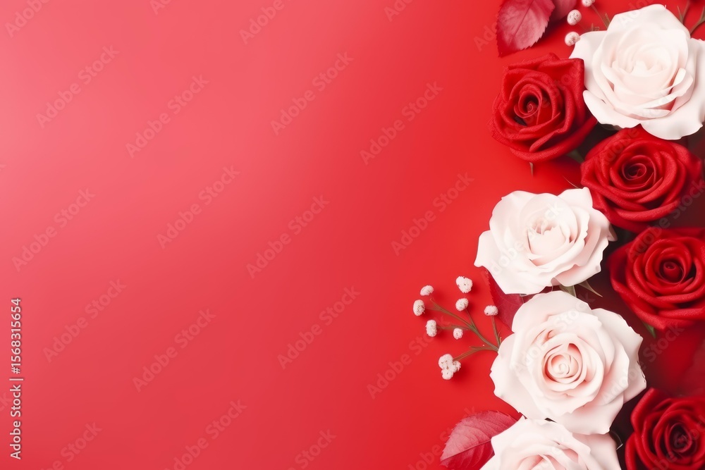 Beautiful red and white roses arranged on a vibrant red background, creating a romantic border, perfect for valentine's day projects Beautiful red and white roses arranged on a vibrant red background, creating a romantic border, perfect for valentine's day projects