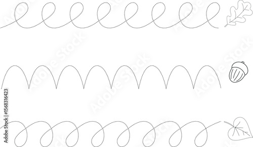 Basic graphomotor exercises. Trace line worksheets for children with autumn leaves and acorn. Preschool handwriting practice. Vector illustration.